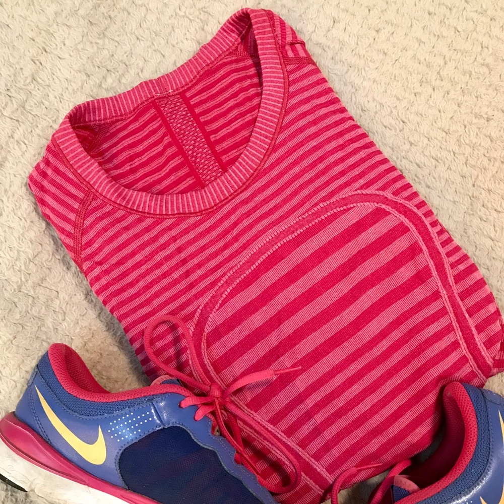 Pink stripped lululemon long sleeve workout top